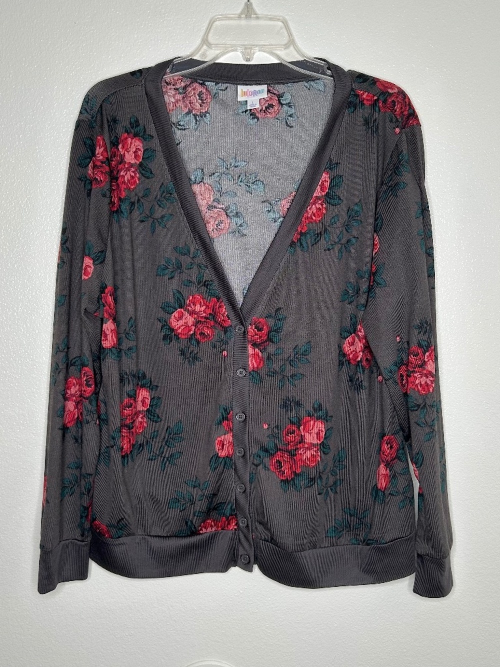 LuLaRoe Womens Cheryl Gray Floral Button-Up Cardigan Sweater Size L